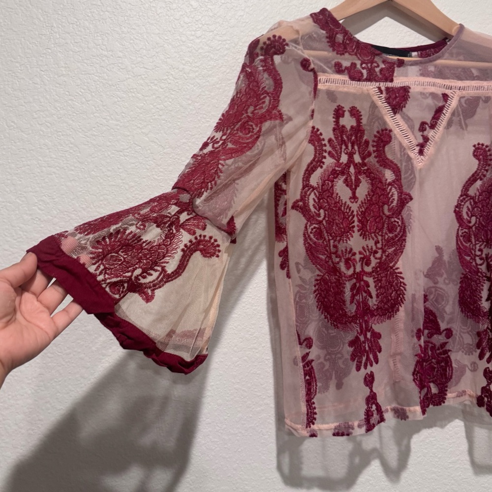 MINKPINK Sheer Mesh Embroidered Blouse Burgundy Coastal Cowgirl Fairy Festival - Picture 3 of 4